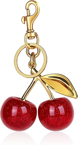 Metal Glitter Cherry Charm Bag Keychain.