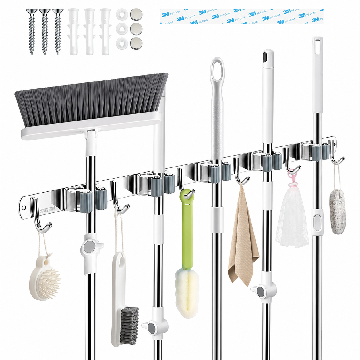 Mop Broom Holder Steel 5 Mop 6 Hook.