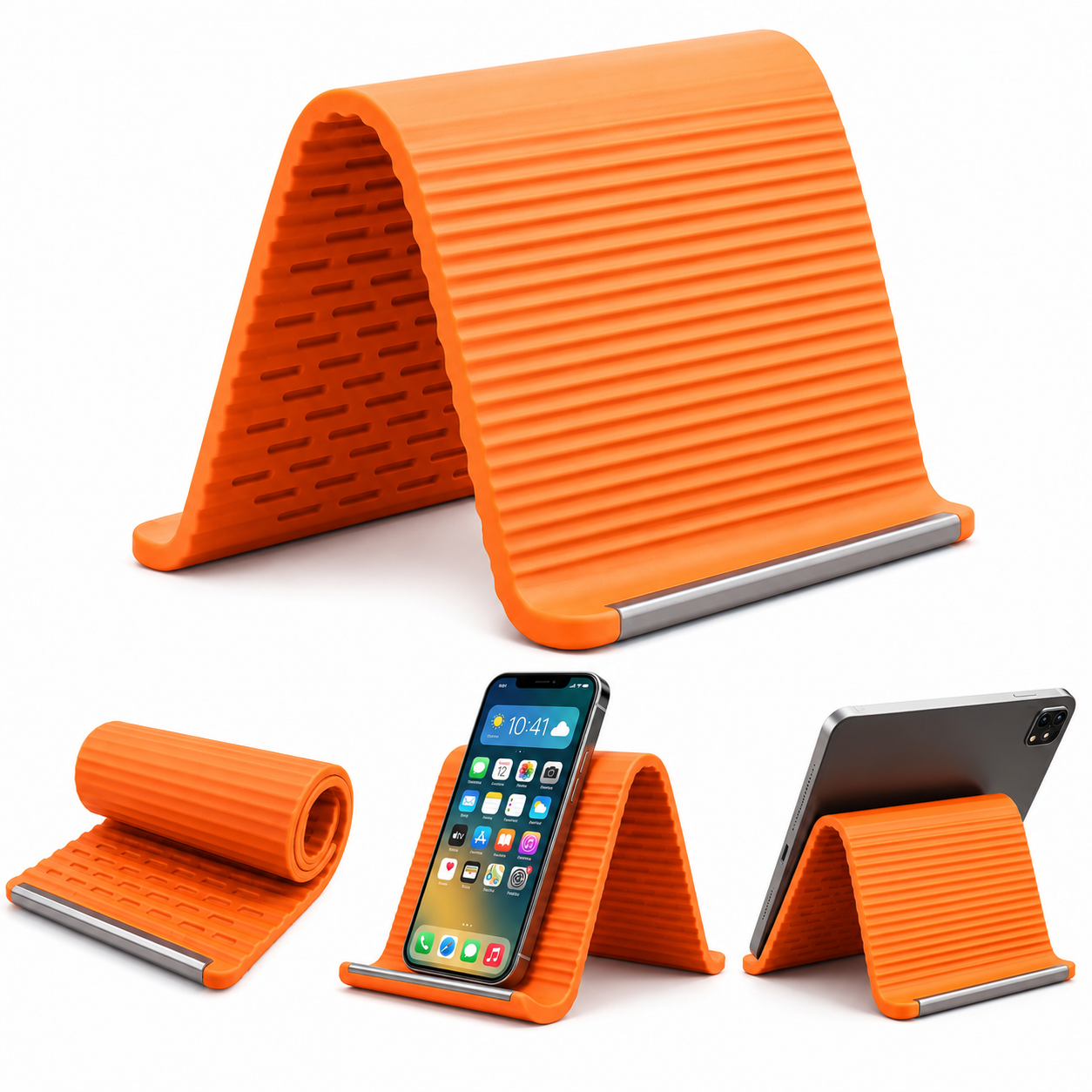 Orange Foldable Silicone Aluminum Phone Holder.
