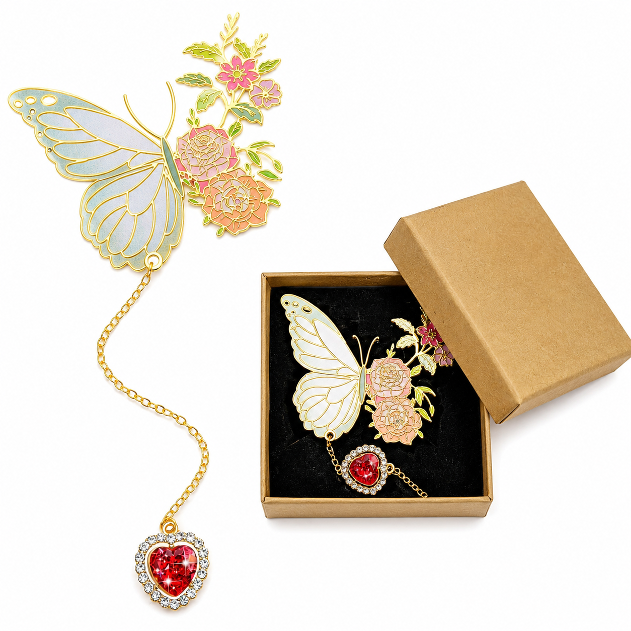 Metal Butterfly Bookmark with Red Heart.